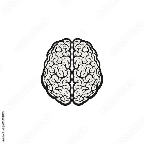 Stylized black and white illustration depicting a human brain from a top-down view, showing its two hemispheres.