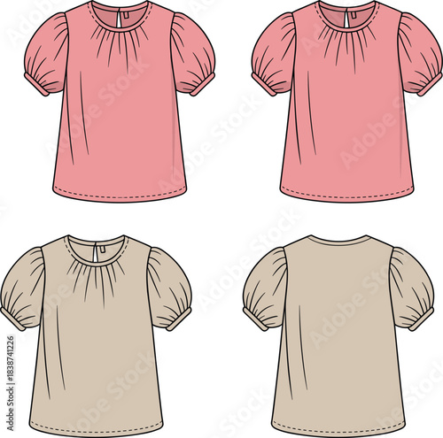 Puff sleeve blouse sketch, fashion cad drawing, flat vector illustration, gathered neckline, button back, front and back view, garment design