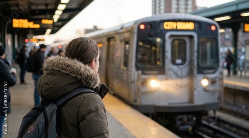 Woman with backpack waiting for arriving train at outdoor station with city buildings in background, winter commute concept.