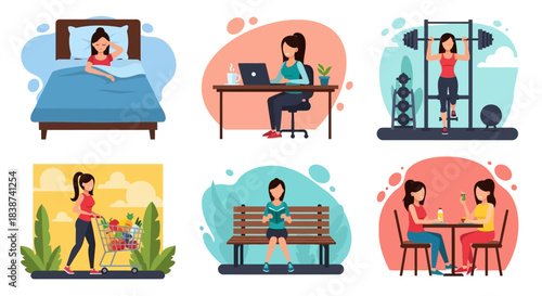 Diverse daily life of a young woman a vibrant illustration set capturing her routine, work, fitness, leisure, and social activities in various daily scenarios
