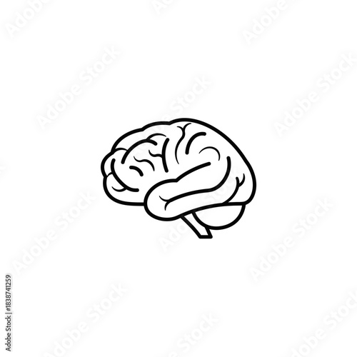 Minimalist black and white line art illustration depicting a human brain with its distinctive cerebral convolutions.