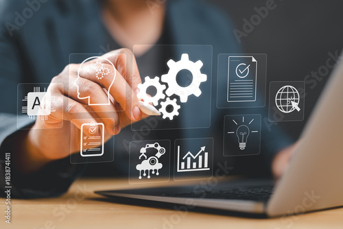 RPA concept showcasing robotic process automation with AI, enabling automated business tasks, digital transformation, and effective change management.