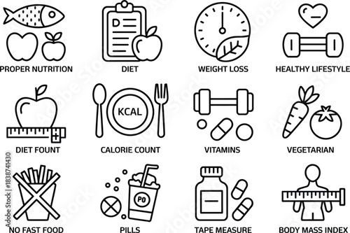 Health and diet line icon set featuring nutrition, weight loss, calorie counting, vitamins, vegetarian food, fitness, BMI, and healthy lifestyle symbols