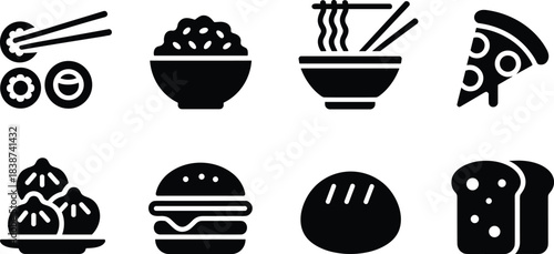 Minimal solid black food icon set featuring sushi, rice bowl, noodles, pizza slice, dumplings, burger, bread loaf, and sliced bread