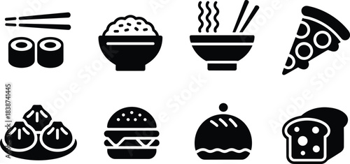 Minimal solid black food icon set featuring sushi, rice bowl, noodles, pizza slice, dumplings, burger, bread loaf, and sliced bread