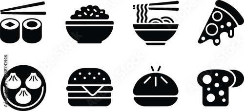 Minimal solid black food icon set featuring sushi, rice bowl, noodles, pizza slice, dumplings, burger, bread loaf, and sliced bread