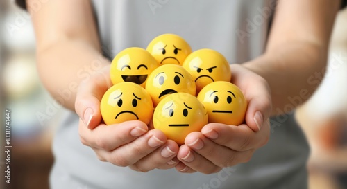 Close-up of hands holding yellow emoji balls, each depicting a different emotion such as happy, sad, angry, and neutral, representing the spectrum of human feelings and mental well-being.