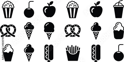 Minimalist black solid food icon set featuring drinks, snacks, ice cream, pretzels, hot dogs, fries, and sweet treats for menus