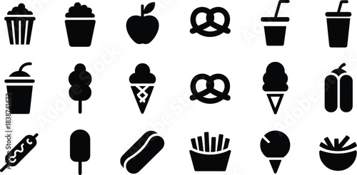 Minimalist black solid food icon set featuring drinks, snacks, ice cream, pretzels, hot dogs, fries, and sweet treats for menus
