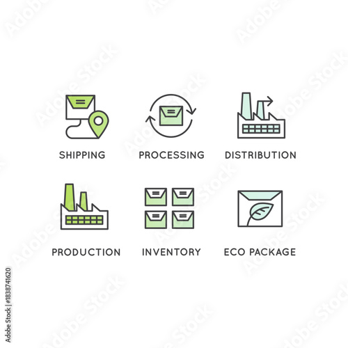 Logistics, eco-friendly supply chain, shipping, warehouse, and sustainability icons, carbon neutral, eco friendly, factory production, co2 footprint report