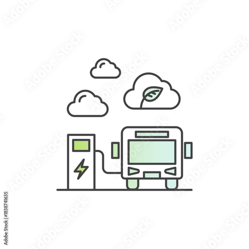 Minimal line art icons of electric bus truck, charging stations, green mobility infrastructure, sustainable public transport, eco transit, smart city transit, clean energy vehicles, zero emissions