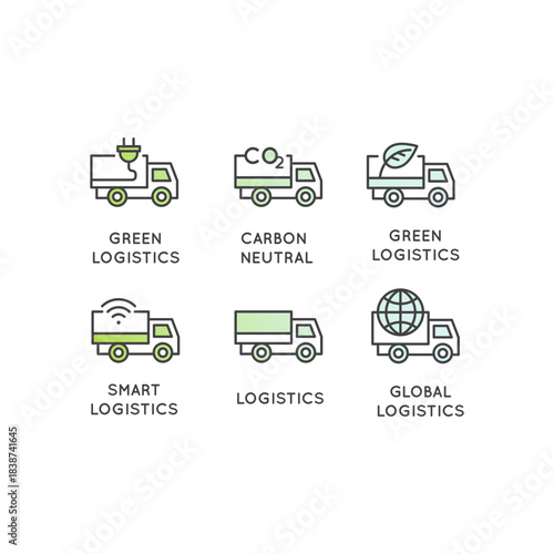 Minimal line art icons of electric bus truck, charging stations, green mobility infrastructure, sustainable public transport, eco transit, smart city transit, clean energy vehicles, zero emissions