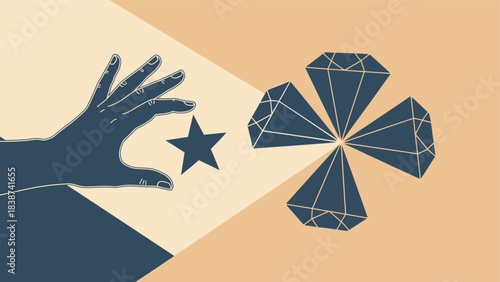 Hand reaching for a star, spotlight effect illuminating four diamonds arranged like a clover, concept of selection, value, or opportunity