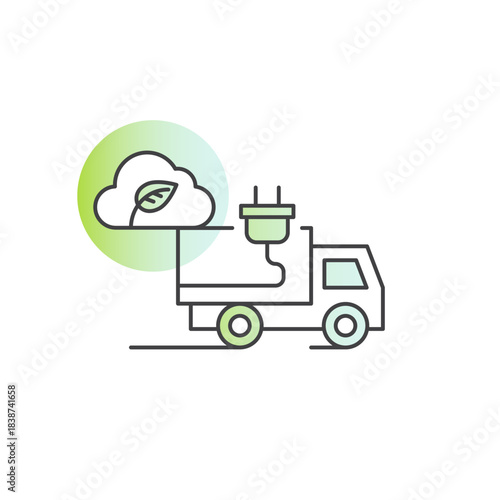 Minimal line art icons of electric bus truck, charging stations, green mobility infrastructure, sustainable public transport, eco transit, smart city transit, clean energy vehicles, zero emissions