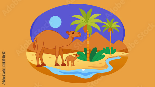 Cartoon Desert Oasis with Camel, Palm Trees, and Water Spring