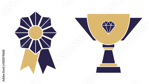 Award ribbon rosette and trophy cup with diamond icon set