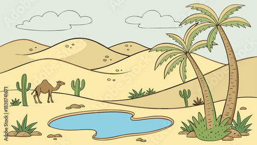 Cartoon Desert Oasis with Camel, Palm Trees, and Water Spring