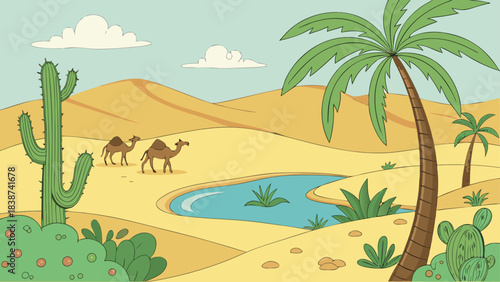 Cartoon Desert Oasis with Camel, Palm Trees, and Water Spring