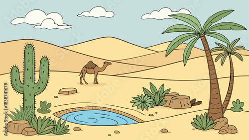 Cartoon Desert Oasis with Camel, Palm Trees, and Water Spring