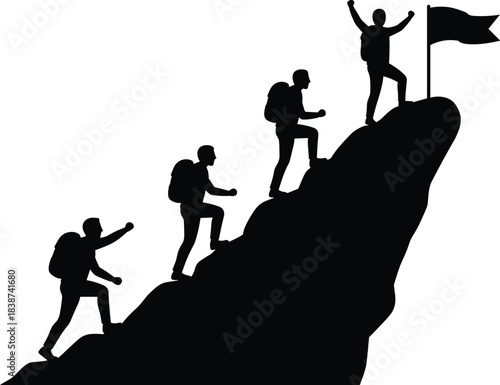 Mountain hiking silhouettes, steep slope ascent, backpack hikers, summit flag, outdoor adventure, teamwork, perseverance, success, black illustration, goal achievement, nature