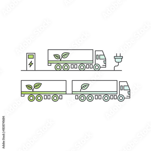 Minimal line art icons of electric bus truck, charging stations, green mobility infrastructure, sustainable public transport, eco transit, smart city transit, clean energy vehicles, zero emissions