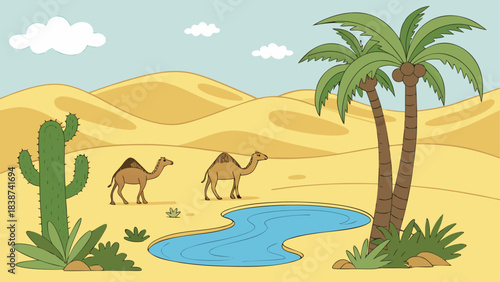 Cartoon Desert Oasis with Camel, Palm Trees, and Water Spring