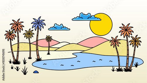 Cartoon Desert Oasis with Camel, Palm Trees, and Water Spring