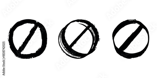 Set of hand drawn prohibition sign No entry symbol Black circle with cross line clipart in doodle style Ban Restriction Forbidden stop Single element for print, web, design