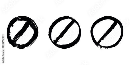 Set of hand drawn prohibition sign No entry symbol Black circle with cross line clipart in doodle style Ban Restriction Forbidden stop Single element for print, web, design