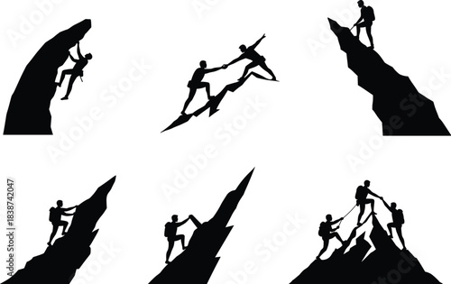 Mountain climbing silhouettes, teamwork and support, helping hands, outdoor adventure, rock climbing poses, leadership, perseverance, black illustration, steep terrain, mutual effort