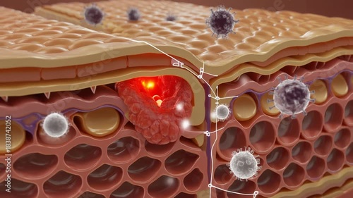 Microscopic Cross Section of Skin Layers with Bacteria Infection and Immune Response
