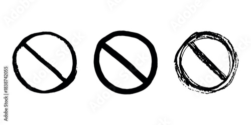 Set of hand drawn prohibition sign No entry symbol Black circle with cross line clipart in doodle style Ban Restriction Forbidden stop Single element for print, web, design