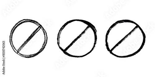 Set of hand drawn prohibition sign No entry symbol Black circle with cross line clipart in doodle style Ban Restriction Forbidden stop Single element for print, web, design