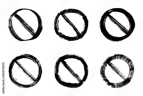 Set of hand drawn prohibition sign No entry symbol Black circle with cross line clipart in doodle style Ban Restriction Forbidden stop Single element for print, web, design