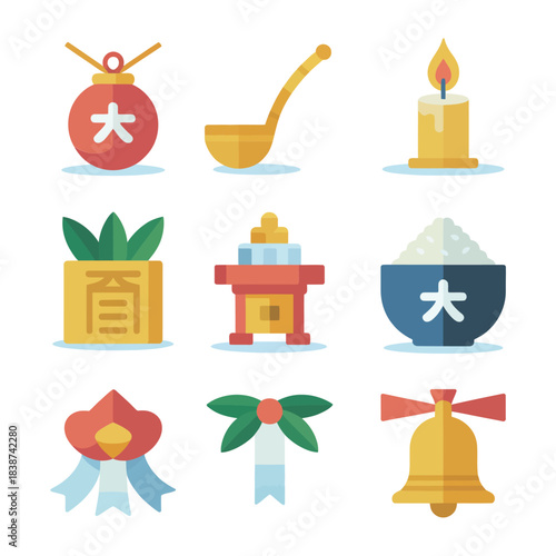 Asian heritage ceremony illustration pack, incense candle bell shrine symbols, spiritual celebration elements, clean flat vector design