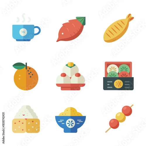 Traditional winter food icon set, warm drinks snacks sweets skewers, seasonal celebration cuisine elements, colorful flat vector illustration