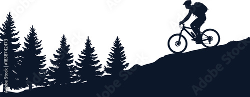 Mountain biking uphill, forest background, rugged terrain, cyclist silhouette, helmet and backpack, outdoor adventure, nature exploration, conifer trees, minimalist design