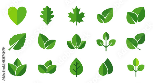 Collection of green leaf icons representing nature, health, and eco-friendly concepts