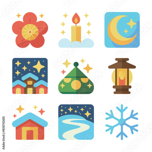 Seasonal lantern night illustration set, glowing houses candles moons snowflakes, winter cultural celebration elements, clean flat vector