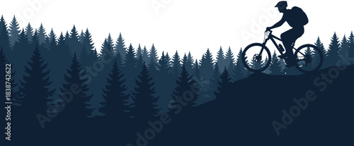 Mountain biking silhouette, forest background, outdoor adventure, cyclist on hilltop, helmet and backpack, nature exploration, conifer trees, dark blue contrast