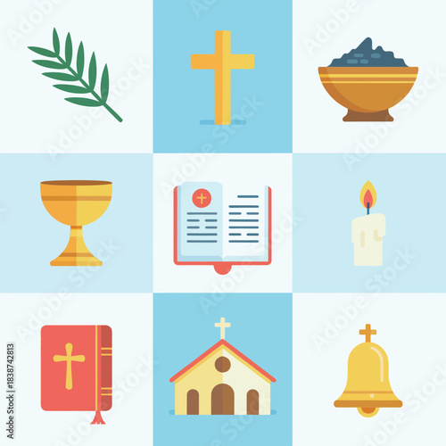 Christian worship icon set, cross bible church chalice candle, faith devotion celebration elements, clean flat vector illustration
