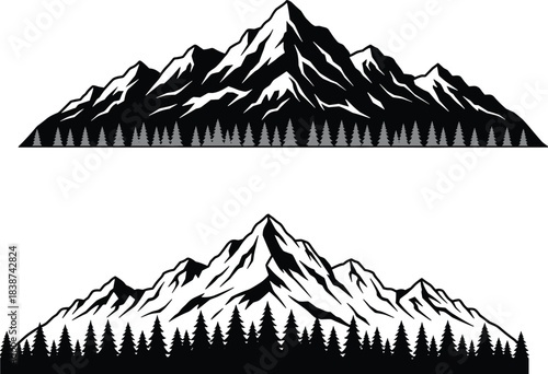 Mountain silhouette illustration, forest base, conifer trees, black and white artwork, rugged peaks, snow highlights, outdoor nature scene, minimalist landscape