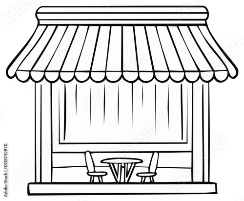 Illustration of an outdoor dining area under a striped awning with table and chairs for coloring book or learning materials