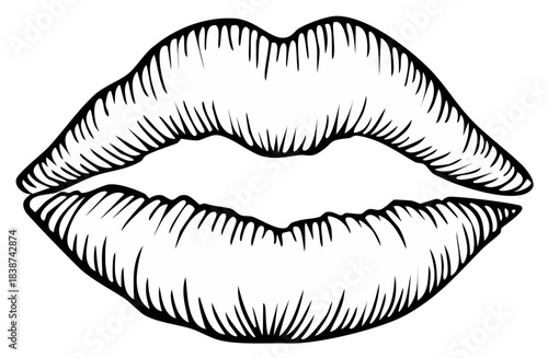 Kiss lips with lines drawing black and white illustration