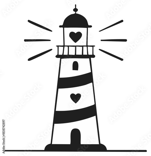 Simple black and white lighthouse icon with hearts and light beams
