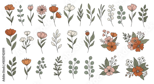 Hand-drawn botanical illustrations featuring delicate floral arrangements and leafy sprigs, perfect for design projects