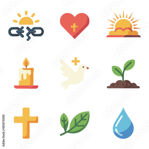 Spiritual belief symbol set, cross dove candle heart sunrise, faith hope celebration elements, elegant flat vector design