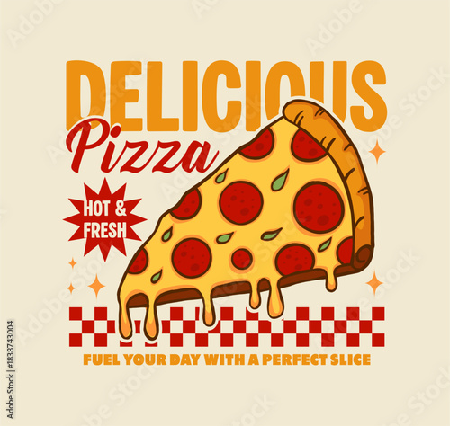 Retro cartoon pizza slice illustration with pepperoni, melted cheese, and bold graphic style. Perfect for T-shirt design, apparel, and food-themed artwork