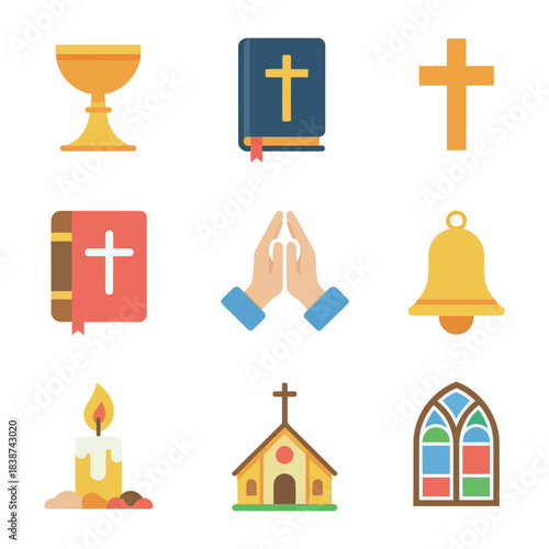 Religious ceremony illustration pack, praying hands bell scripture church symbols, spiritual worship event elements, soft flat vector design