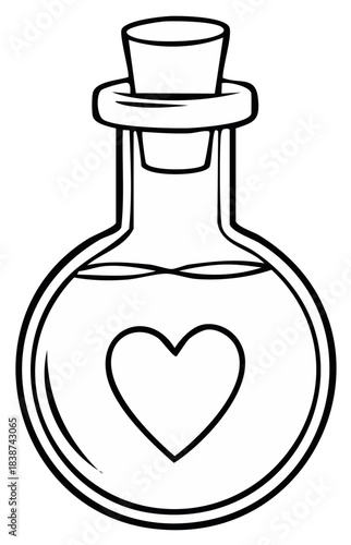Love potion bottle with a heart inside black and white line art illustration